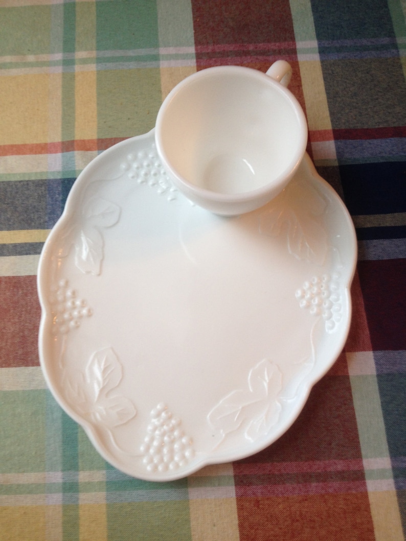 Vintage White milk glass snack set Harvest pattern by Colony Etsy