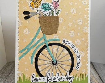 Handmade riding by to say have a fabulous day card-Handmade bicyclist card-Bicycle thank-you card-bicycle happy birthday card-bicycle hello