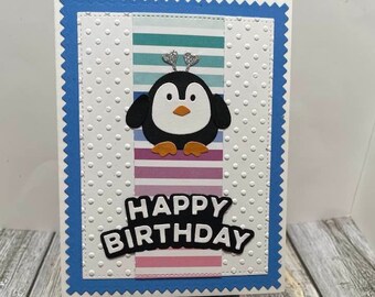 Handmade penguin Happy Birthday card-Handmade penguin card-die cut penguin card-Happy Birthday card-Artic animal birthday card