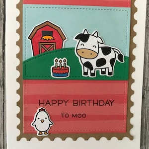 Handmade farmyard animal birthday card-Handmade cow birthday card-Happy birthday to moo card-Hand colored card-Lawn Fawn birthday card