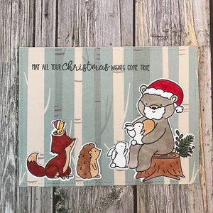 Handmade Woodland animal Christmas card-Handmade Christmas card-Hand stamped Christmas card-Hand colored Christmas card-Woodland animal card