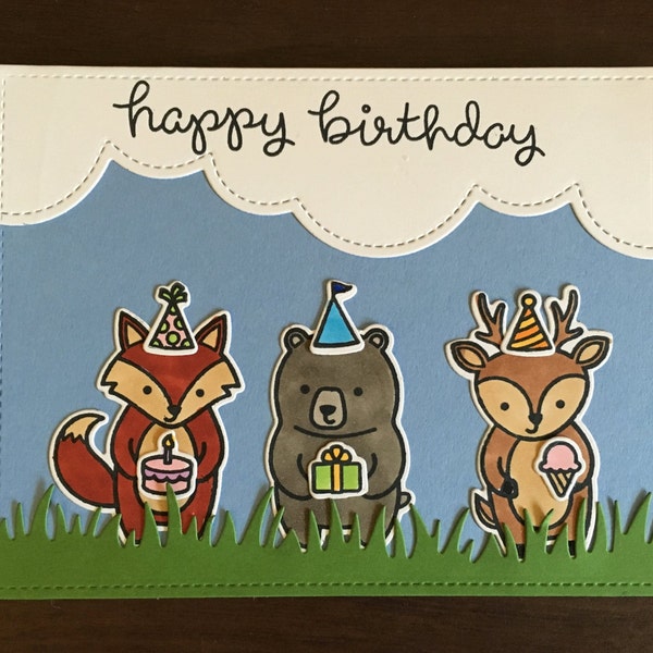 Handmade Happy Birthday card-Woodland animals birthday- handmade 1st birthday card-bear birthday card-fox birthday card-hand stamped card