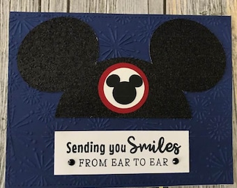 Handmade sending you smiles from ear to ear Mickey ear hat card-Handmade Disney birthday card-Handmade Disney make a wish card-Mousekeeping