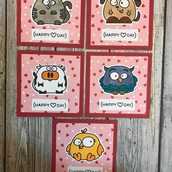 Handmade animal Valentines set of 5-Valentine card set-Handmade Valentine card set-Handmade classroom Valentines-Handmade kid Valentine set
