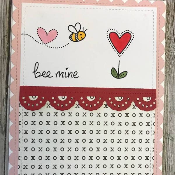 Handmade Bee mine card-adult Valentine card-Handmade Anniversary card-kids Valentine card-Handmade Bee card-Hand stamped card