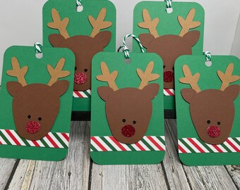 Rudolph the red nose reindeer Christmas gift tags (set of 5)-Reindeer tags-Rudolph tags-Handmade Christmas gift tags-Christmas gift tag set