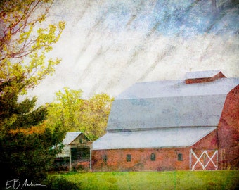 Spring blooming on rural farm and barn