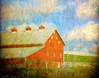 Warm summer day on a rural Ohio farm with red barn and clear blue skies