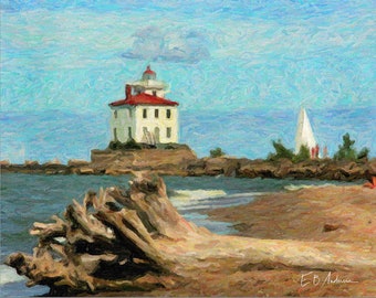 Lighthouse and Sailboat on Lake Erie from Mentor Headlands near Cleveland