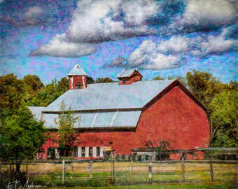 Summer skies on rural Ohio farm and red barn