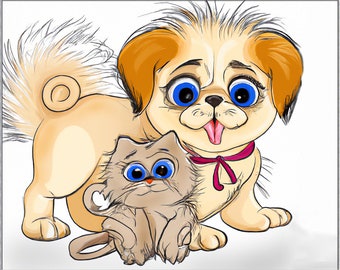 Cute Pekingese puppy with kitten, cartoon style