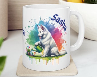 White German Shepherd Personalize Dog's Name Watering Plants Coffee Mug Mama's Little Helper Dog Lover Gift Personalization Ceramic Cup 11oz