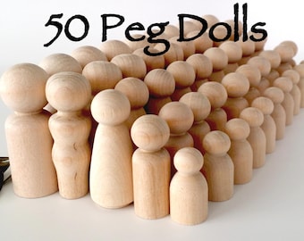 50 Unfinished Wooden Peg Dolls, 10 Families of 5, Maple Peg People for Crafts