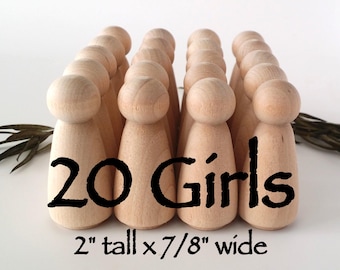 20 Unfinished Maple Girl Peg Dolls, Wooden Peg People for Crafts