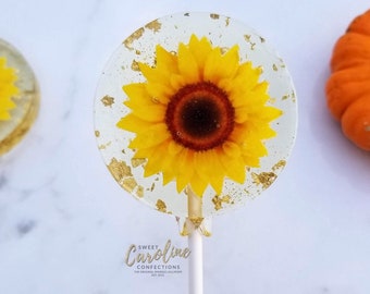 Sunflower Lollipops, Sunflower Party Favors, Favors, Flower Lollipops, Sunflower Gift, Sparkle Lollipops, Sweet Caroline Confections 6/Set