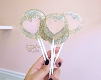Light Pink and Silver Heart Lollipops, Sweet 16 Party Favors, Wedding Favors, Wedding Lollipops, Pink and Silver Favors, Lollipops 6/Set