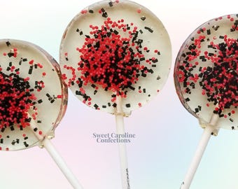 Paletas brillantes rojas y negras, dulces de superhéroes, recuerdos para fiestas de superhéroes, recuerdos para fiestas de Spiderman, recuerdos para fiestas de cumpleaños, paletas, paquete de 6 unidades