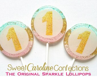 Birthday Lollipops, Light Pink Light Aqua and Gold Ombre Sparkle Lollipops, Candy Lollipops, Sweet Caroline Confections -6/Set