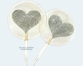 Silver Glitter Heart Lollipops, Wedding Lollipops, Wedding Favors, Bridal Lollipops, Bridal Favors, Silver Favors, Sparkle Lollipops, 6/Set