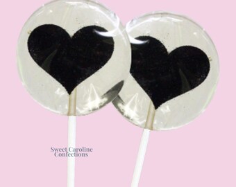 Piruletas de corazón con purpurina negra, piruletas para bodas, recuerdos de boda, piruletas para novias, recuerdos de novia, recuerdos negros, piruletas brillantes, juego de 6 unidades