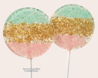 Aqua Pink Gold Lollipops, Birthday Lollipops, Wedding Favors, Wedding Candy, Birthday Party Favors, Birthday Favors, Candy Lollipops,  6/Set