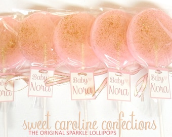 Baby Shower Favors, Sucettes de baby shower en or rose avec étiquettes personnalisées, sucettes de bonbons, sucettes étincelantes, confiseries Sweet Caroline - Set de 6