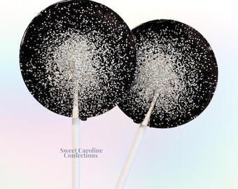 Paletas brillantes negras y plateadas, recuerdos para fiestas de cumpleaños, recuerdos negros y plateados, recuerdos de Año Nuevo, recuerdos brillantes, recuerdos de boda, paquete de 6 unidades