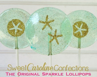 Beach Lollipops, Beach Wedding, Blue Wedding Favor, Starfish Lollipops, Sparkle Lollipops, Sweet Caroline Confections 6/Set