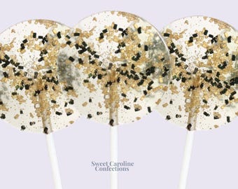 New Years Eve Favors, NYE, New Years Lollipops, Hard Candy Lollipops, Black and Gold, Gold Candy, Gold Favors, Holiday Candy-6/Set