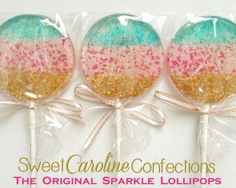 Light Pink Light Aqua and Gold Ombre Sparkle Lollipops, Wedding Favors, Candy Lollipops, Lollipops, Sweet Caroline Confections -6/Set