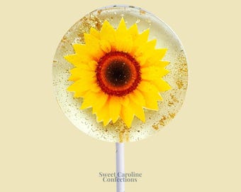 Piruletas de girasol, recuerdos florales, detalles para fiestas de girasol, piruletas de girasol, regalo de girasol, piruletas brillantes, recuerdos de boda (6 unidades)