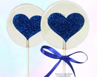 Piruletas de corazón con purpurina azul marino, piruletas para bodas, recuerdos de boda, piruletas para novias, recuerdos de novia, recuerdos azul marino, piruletas brillantes, juego de 6 unidades