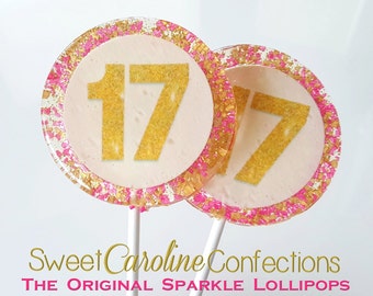 Birthday Lollipops, Hot Pink and Gold Sparkle Lollipops, Sweet Caroline, Over The Hill, Candy Lollipops, Sweet Caroline Confections Set of 6