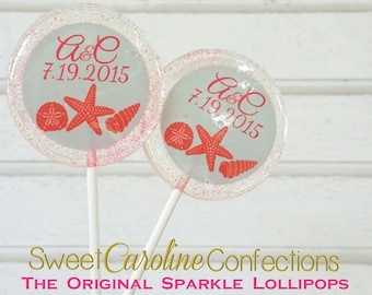 Blue and Coral Lollipops, Beach Wedding Favors, Hard Candy Lollipops, Sparkle Lollipops, Favors, Sweet Caroline Confections 6/Set