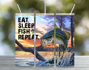 Fishing Insulated Tumbler - EAT SLEEP FISH Repeat 20 oz Metal Drink Cup - Stainless Steel Water Bottle Coffee Travel Mug