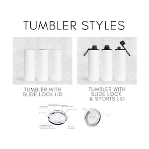 K&ouml;nnte beinhalten: Bild mit verschiedenen Becherstilen. Gezeigt werden wei&szlig;e Becher mit Schiebeverschlussdeckeln und Sportdeckeln. Der Text "Tumbler Styles" und "Tumbler with Slide Lock & Sports Lid" ist im Bild enthalten.