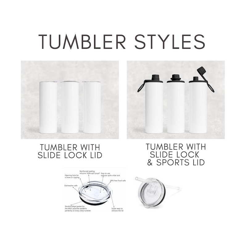 K&ouml;nnte beinhalten: Bild mit verschiedenen Becherstilen. Gezeigt werden wei&szlig;e Becher mit Schiebeverschlussdeckeln und Sportdeckeln. Der Text "Tumbler Styles" und "Tumbler with Slide Lock & Sports Lid" ist im Bild enthalten.