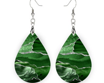 Green Earrings for Women with Gold Strands Teardrop Dangle Spring Dangling Wood Statement Jewelry (Green & Silver)
