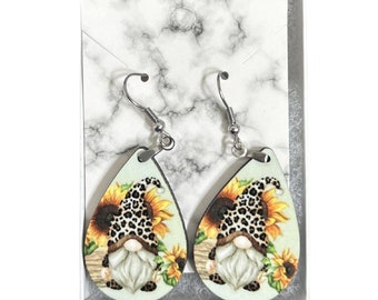 Sunflower Gnome Earrings - Leopard Gnome Earrings with Sunflowers