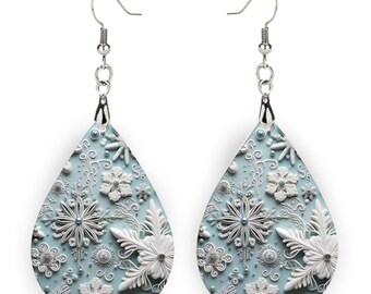 Snowflake Earrings - Blue Winter Earrings - Wooden Dangle Earrings - Holiday Accessories - Snow flake Earrings