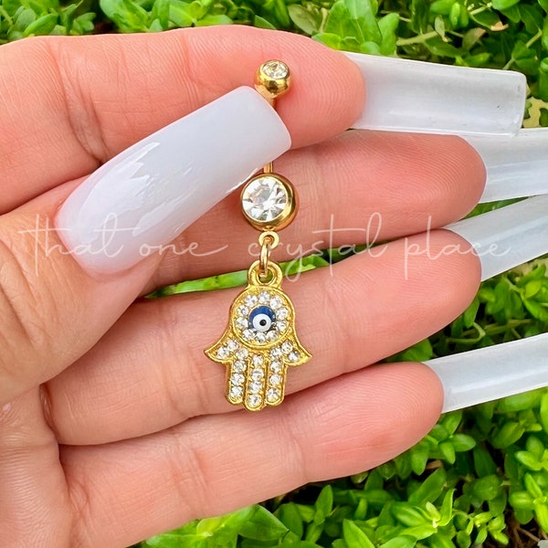 BIN #57 Gold Hamsa Fatima Hand Evil Eye Protection Necklace Inspired Belly Button Navel Ring Barbell Body Piercing