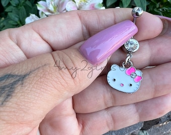 Hello Kitty Cat w/Bow Navel Naval Belly Button Rhinestone Ring Dangle Bling Hello Kitty Cat w/Bow Navel Naval Belly Button Rhinestone Ring Dangle Bling