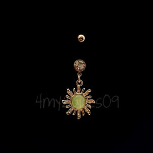 BIN #73 Blazing Sunburst SUN of Life Strength Gold Inspired Belly Button Navel Ring Barbell Body Piercing Green 316L