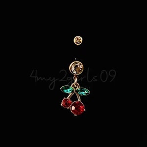 BIN #126 Red Cherry Cherries Rockabilly Crystal Inspired Gold Surgical Steel Belly Navel Button Ring