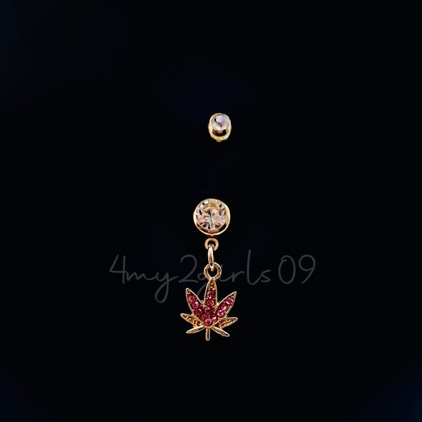 BIN #89 Gold Pink Crystal Inspired Marijuana Pot Leaf Hemp 420 Dangle Navel Belly Button Ring 316L