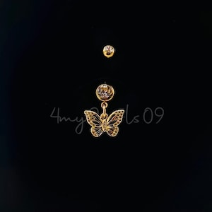 BIN #100 Crystal Gold Inspired Monarch Butterfly Sparkle Dangle Navel Belly Button Ring 316L