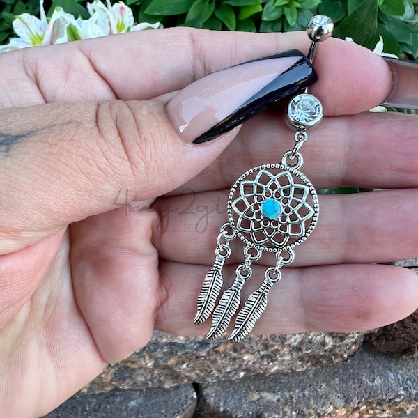 BIN #143 Dream Catcher Inspired Turquoise Outline Feathers Simple Boho Dangle Navel Belly Button Ring 316L