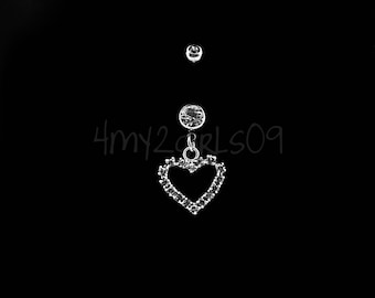 BIN #40 Crystal Inspired Heart Outline Bling Dangle Navel Belly Button Ring 316L
