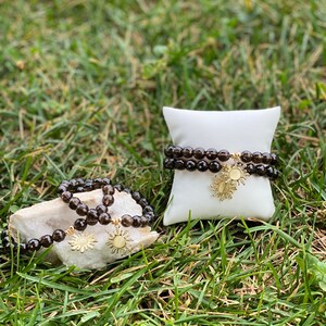 Beautiful Smokey Quartz 8mm Faceted Gem Stone Bead Crystal Bracelet w/ Sun Moon Charm & Gold Filled Accents