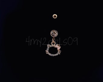 Hello Kitty Cat w/Bow Navel Naval Belly Button Rhinestone Ring Dangle Bling Hello Kitty Cat w/Bow Navel Naval Belly Button Rhinestone Ring Dangle Bling